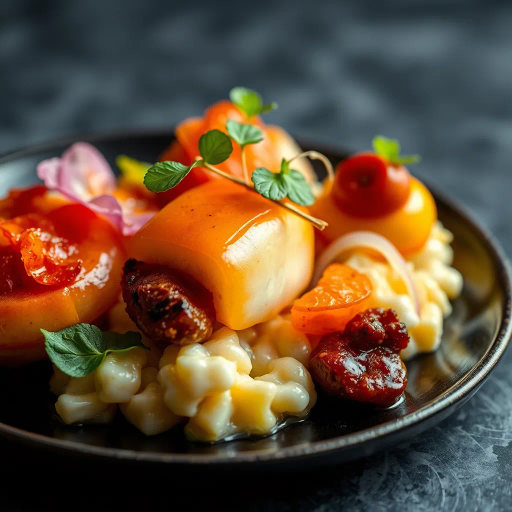 hyper-realistic, culinary artistry, vibrant colors, succulent textures, gourmet presentation, chiaroscuro lighting, rich detail, natural composition, food stylization, glossy surfaces, nuanced hues, modern aesthetic, exquisite plating, artisanal craftsmanship, gourmet indulgence, food as art, visual feast, sumptuous presentation, high contrast, appetizing visual, culinary elegance, luxurious detail, avant-garde, meticulous arrangement, evocative presentation, luscious imagery, edible artistry, innovative culinary display