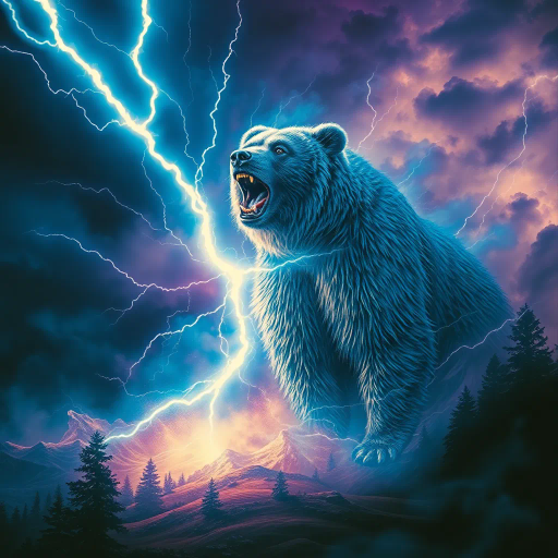 majestic bear, struck by lightning, dynamic energy, vibrant electric blues and purples, ethereal glow, dramatic sky, Surrealism, Salvador Dalí influence, mystical forest setting, chiaroscuro lighting contrasts, fluid motion, heroic and powerful, nature's fury, awe and wonder, intricate fur texture, dramatic scale, mythical ambiance, symbolic transformation, timeless wilderness, emotional intensity, elemental forces, narrative depth, allegorical representation