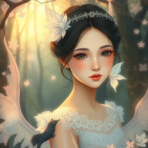 innocent young maiden, charming elegance, ethereal glow, inspired by Yoshitaka Amano, whimsical fantasy, serene ambiance, soft pastel hues, delicate brushwork, intricate lace textures, dreamlike scene, luminous lighting, gentle perspective, emotional warmth, magical atmosphere, fairy tale influences, graceful pose, art nouveau curves, enchanting forest backdrop, mythical creatures, serene expression