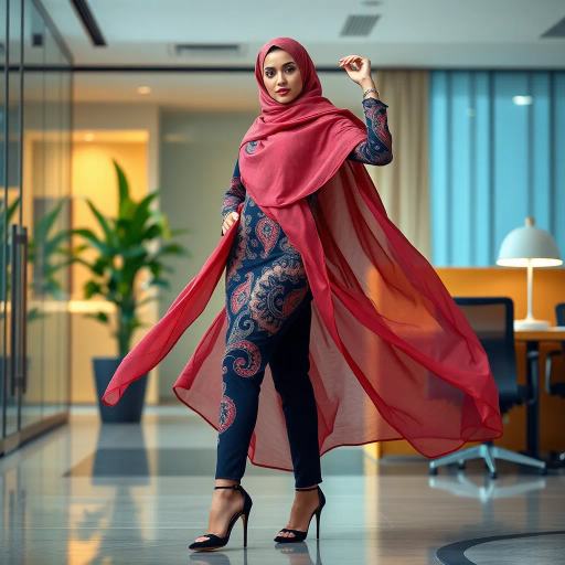 Arab woman, elegant hijab, professional setting, modern workplace, high heels, Middle Eastern culture, contemporary art, intricate patterns, vibrant colors, soft lighting, dynamic pose, cultural expression, delicate fabrics, office environment, confident demeanor, sophisticated fashion, grace and poise, diverse representation, cultural fusion, empowerment, modernism, Impressionism influences, human form, balance and harmony, Henri Matisse, modern elegance, intricate textile patterns, vibrant aesthetic, global influence, artistic expression, dignity and strength, atmospheric composition, elegant lines, harmonious palette, seamless integration, modern artistry