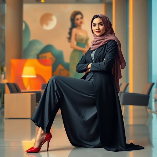 Arab woman, elegant hijab, professional setting, modern workplace, high heels, Middle Eastern culture, contemporary art, intricate patterns, vibrant colors, soft lighting, dynamic pose, cultural expression, delicate fabrics, office environment, confident demeanor, sophisticated fashion, grace and poise, diverse representation, cultural fusion, empowerment, modernism, Impressionism influences, human form, balance and harmony, Henri Matisse, modern elegance, intricate textile patterns, vibrant aesthetic, global influence, artistic expression, dignity and strength, atmospheric composition, elegant lines, harmonious palette, seamless integration, modern artistry
