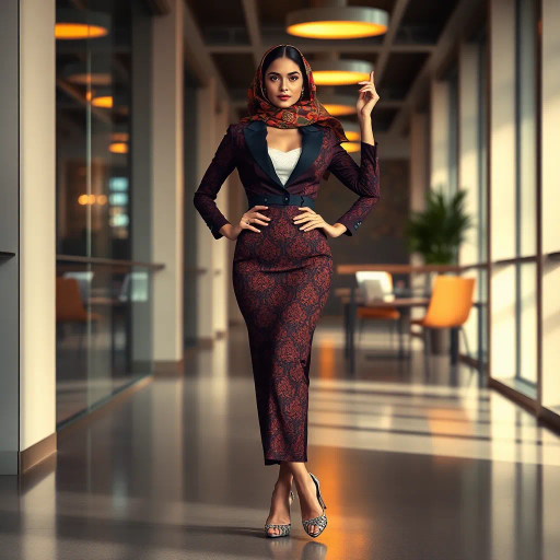 elegant Arab woman, sophisticated hijab, modern workplace, professional attire, high heels, Middle Eastern influence, contemporary art, intricate patterns, vibrant colors, soft lighting, dynamic pose, Impressionism influences, delicate fabrics, confident and empowering presence, cultural expression, diverse representation, cultural fusion, modernism, grace and poise, harmony, balance, cultural narrative, advanced digital techniques, refined textures, bold symbolism, inspired by Gustav Klimt, Art Nouveau elegance, surreal lighting, empowered femininity, rich textures, fluid movement, intricate details, cultural symbolism, confident aura, dynamic composition