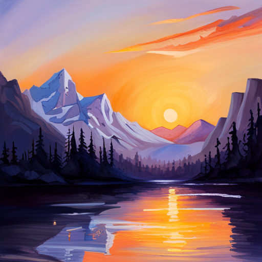 majestic mountains, towering peaks, vibrant sunsets, atmospheric perspective, realistic details, Impressionist style, alpine glow, vibrant colors, dynamic composition, textured brushstrokes, outdoor adventure, rugged terrain, epic scale, natural wonder, breathtaking vistas, grandeur of nature