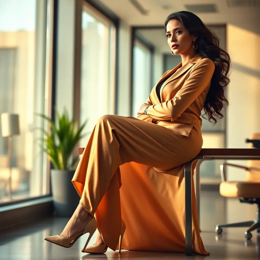 elegant arab lady, professional setting, high-fashion heels, modern office, cultural elegance, vivid colors, dynamic composition, natural light, Henri Matisse influences, contemporary style, luxurious fabric textures, warm tones, poised and confident expression, sleek silhouette, refined and sophisticated, detailed attire, graceful posture, Middle Eastern aesthetic, juxtaposition of tradition and modernity, evocative mood, subtle symbolism, realistic proportions, intricate detailing, work environment, empowerment theme