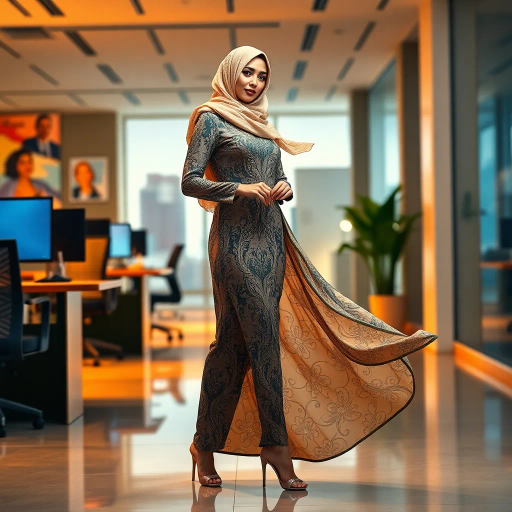 Arab woman, elegant hijab, professional setting, modern workplace, high heels, Middle Eastern culture, contemporary art, intricate patterns, vibrant colors, soft lighting, dynamic pose, cultural expression, delicate fabrics, office environment, confident demeanor, sophisticated fashion, grace and poise, diverse representation, cultural fusion, empowerment, modernism, Impressionism influences, human form, balance and harmony, Henri Matisse, modern elegance, intricate textile patterns, vibrant aesthetic, global influence, artistic expression, dignity and strength, atmospheric composition, elegant lines, harmonious palette, seamless integration, modern artistry