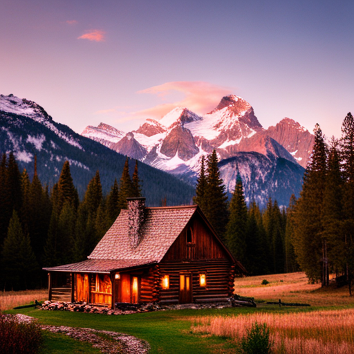 snow-covered mountain, cozy cabin, winter landscape, glowing fireplace, starry sky, snowy trees, soft lighting, rustic wood decor, mountain range, retreat, tranquility