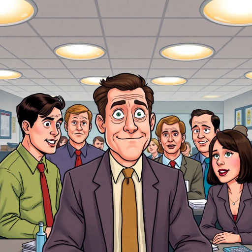 satirical humor, vibrant, ensemble cast, mockumentary style, quirky everyday life, work environment, subtle irony, character dynamics, Michael Scott, Dunder Mifflin, Scranton Pennsylvania, documentary filming, 2000s television, comedic timing, deadpan expression, cultural phenomenon, paper company, witty banter, office antics, relatable humor, office supplies, iconic TV characters, Jim Halpert, Pam Beesly, Dwight Schrute, team dynamics, overhead fluorescent lighting, mundane yet charming, round camera angles, workplace relationships, Steve Carell, exaggerated expressions, exaggerated proportions, colorful tones, dynamic panel layout, narrative flow, juxtaposition of ordinary and absurd, engaging storyline, creative exaggerated storytelling