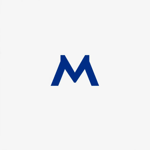 minimal M logo, perspective convergence, depth, hierarchy, solid indigo blue, geometric, modern tech design, flat vector, white background, Bauhaus influences, clean lines, symmetry, contemporary aesthetics, spatial innovation, futurism, precision, abstraction, innovative branding, structural elegance