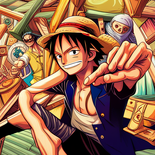 One Piece characters, vibrant colors, dynamic poses, action-packed scenes, epic battles, pirate adventure, intricate details, exaggerated proportions, comic book style, high energy, Shonen manga, unique character designs, emotional expressions, oceanic themes, devil fruits, straw hats, grand line, marine admirals, Yonko, character development, friendship, loyalty, dreams, determination, epic storytelling, large ensemble cast, mythical creatures, supernatural powers, vibrant animation