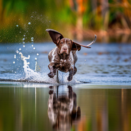 German Shorthair Pointer, Hunting Dogs, nature, outdoor photography, animal behavior, point, prey drive, breeds, wild game, bird hunting, scent, tracking, camouflaged, agility, trained, field trial, energetic, athletic, muscular, intelligent, sporting dogs, gundogs, pointers, hunting equipment, action shots, hunting techniques, wildlife, hunting season, hunting gear, hunting scenery, stamina, speed, majestic, natural reserve, golden hour light, deep brown coat, rule of thirds, movement, defocused background, green tones, yellow tones, visible texture, ears, spot markings, high level of detail, essence of the breed