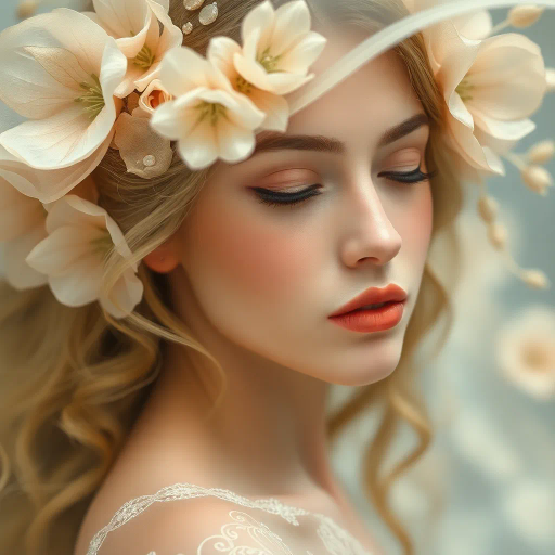 elegant, ethereal beauty, inspired by alfons mucha, art nouveau, soft pastels, delicate curves, intricate details, flowing lines, divine femininity, serene expressions, luminous skin, gentle allure, classic elegance, timeless grace, floral motifs, romanticism, subtle sensuality, ambient glow, sophisticated charm, natural form, organic textures, soft focus, harmonious design, intimate portraiture, visual poetry, artistic refinement