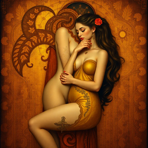 eroticism, Gustav Klimt, sensuality, intimate composition, rich textures, warm palette, flowing lines, symbolic patterns, romantic mood, chiaroscuro lighting, Art Nouveau influence, evocative forms, delicate balance, ethereal presence, surreal elements, human form, intricate details, mythical aura, dreamlike atmosphere