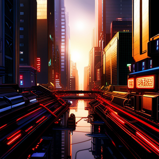 neon lights, cyberpunk architecture, bioengineered vegetation, bustling metropolis, contrast of technology and nature, vibrant colors, futuristic skyline, artificial intelligence, dystopian society, neon signs, organic structures, industrial landscapes, high-tech cityscape, advanced machinery, glowing plants, post-apocalyptic setting, digital artistry, urban jungle