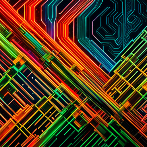 futuristic, artificial intelligence, maximalism, generative art, complex patterns, cyberpunk, machine learning, abstract expressionism, wires and circuits, glitch art, neon colors, data visualization