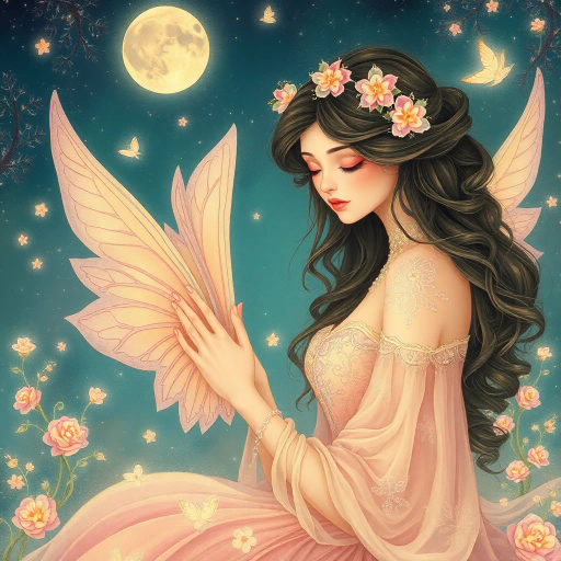 innocent young maiden, charming elegance, ethereal glow, inspired by Yoshitaka Amano, whimsical fantasy, serene ambiance, soft pastel hues, delicate brushwork, intricate lace textures, dreamlike scene, luminous lighting, gentle perspective, emotional warmth, magical atmosphere, fairy tale influences, graceful pose, art nouveau curves, enchanting forest backdrop, mythical creatures, serene expression