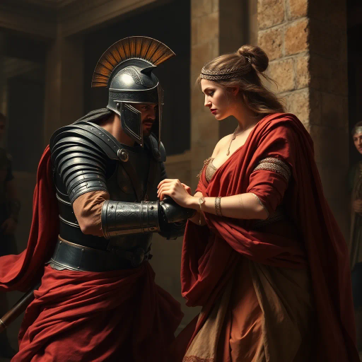 ancient Rome, Sack of Rome 410 CE, Visigothic warrior, Roman lady, dramatic tension, historical narrative, epic composition, chiaroscuro lighting, rich textures, vivid colors, romanticism, classicism, dramatic movement, cultural clash, historical saga, detailed armor, flowing Roman robes, emotional intensity, symbolic imagery, layered composition, heroic scale, classical architecture backdrop, dynamic interactions, historical realism, artistic storytelling, power and grace, clash of civilizations, evocative mood, intricate detailing, timeless conflict, artistic depth, dramatic contrast