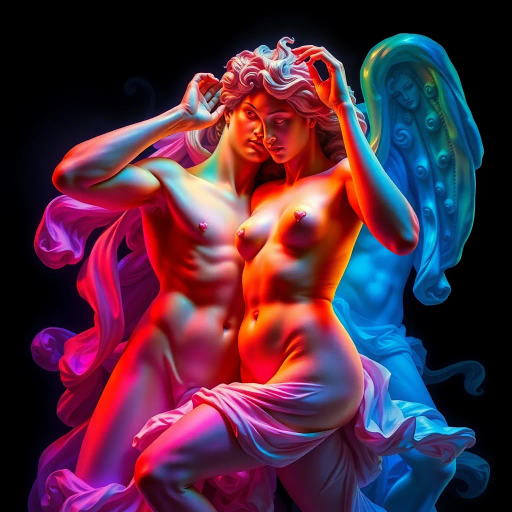 dynamic composition, vibrant colors, ethereal lighting, Michelangelo inspired, Baroque influences, contemporary figures, detailed anatomy, expressive pose, sensual movement, modern elegance, smooth lines, glowing textures, captivating allure, Renaissance echoes, high contrast, romantic tones, graceful curves, youthful energy, emotive presence, cultural symbolism