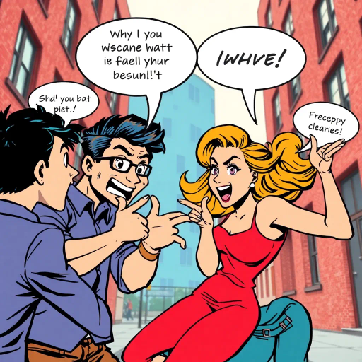 sassy exchange, dynamic poses, expressive faces, vibrant colors, pop art influence, Roy Lichtenstein style, bold outlines, speech bubbles, playful banter, energetic composition, exaggerated gestures, lively interaction, humorous tone, James Jean inspiration, urban setting, youthful characters, contrasting hues, expressive line work, mid-century modern, animated expressions, lighthearted mood