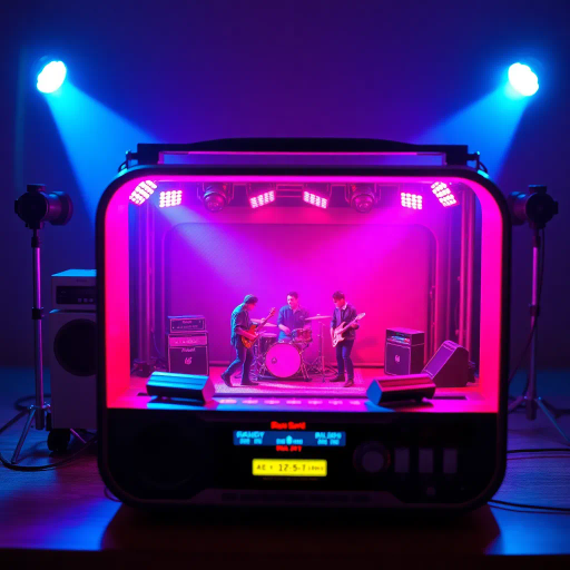 vintage radio, miniature concert, band performance, intricate stage design, 1980s nostalgia, vibrant illumination, neon pink, electric blue, deep purple spotlights, retro-futuristic aesthetics, energetic atmosphere, mesmerizing luminescence, classic band setup, dynamic composition, surreal framing, whimsical charm, artistic symbolism, immersive perspective, bold contrasts, imaginative storytelling, music-inspired narrative, visionary presentation, lively energy, visual harmony, cultural nostalgia