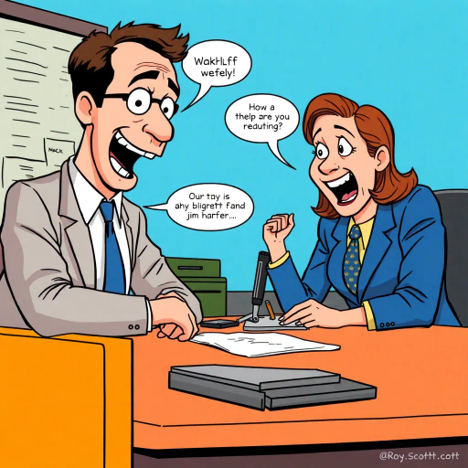 satirical workplace dynamics, humorous situations, colorful characters, Jim Halpert, Pam Beesly, mockumentary style, lively banter, office antics, playful tone, exaggerated expressions, narrative humor, corporate setting, vibrant palette, dynamic panels, exaggerated scenarios, comedic timing, slice of life, workplace comedy, Michael Scott, sitcom classic, Roy Lichtenstein influence, pop art aesthetic