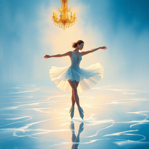 graceful figure skater, gliding across icy surface, winter chill, olympic spirit, dynamic movement, serene concentration, elegant pose, flowing ice, misty breath, ethereal lighting, dramatic shadows, crystalline textures, contemporary style, precision artistry, inspired by Degas and Mucha, soft blue and white palette, delicate balance, rhythmic motion, emotional resonance, global unity, panoramic perspective, intricately detailed, harmonious composition, captivating grace, spirit of competition