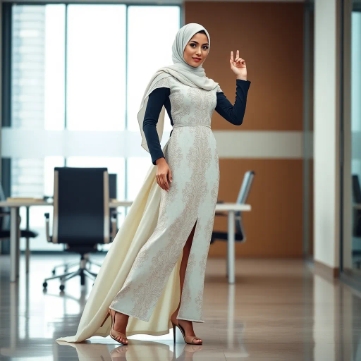 Arab woman, elegant hijab, professional setting, modern workplace, high heels, Middle Eastern culture, contemporary art, intricate patterns, vibrant colors, soft lighting, dynamic pose, cultural expression, delicate fabrics, office environment, confident demeanor, sophisticated fashion, grace and poise, diverse representation, cultural fusion, empowerment, modernism, Impressionism influences, human form, balance and harmony, Henri Matisse, modern elegance, intricate textile patterns, vibrant aesthetic, global influence, artistic expression, dignity and strength, atmospheric composition, elegant lines, harmonious palette, seamless integration, modern artistry