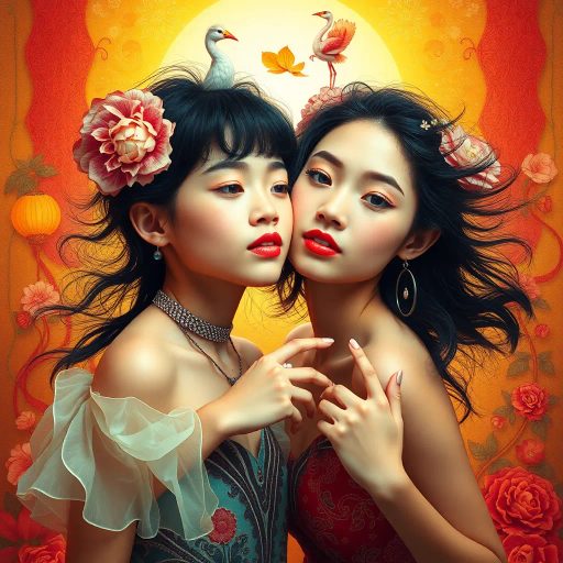 vibrant youthfulness, surreal beauty, energetic dynamics, bold contrasts, expressive forms, Art Nouveau influences, contemporary edge, ethereal glow, delicate intricacies, lively composition, warm tones, soft textures, confident postures, dynamic framing, illusion of motion, imaginative allure, dreamlike quality, cultural fusion, vivid aesthetics, emotional depth, light-hearted essence, modern interpretation