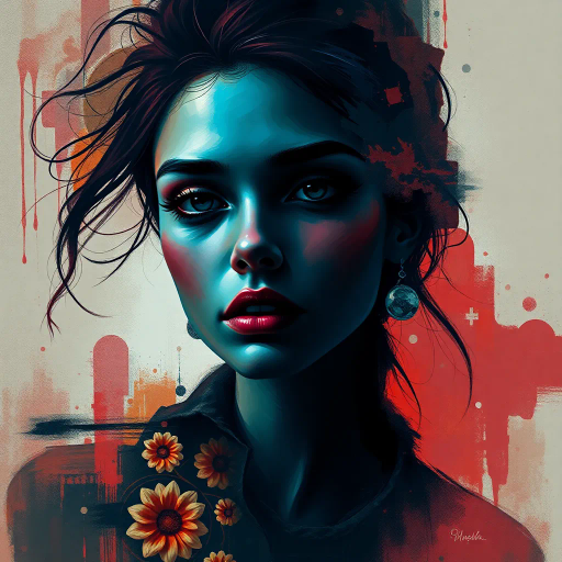 abstract expressionism, vivid colors, soft textures, mysterious, surrealism, emotive, geometric shapes, chiaroscuro lighting, bold lines, dynamic composition, enigmatic symbolism, contemporary influences, dreamlike, fluid movement, expansive space, sensual undertones, layered interpretation, modern female portrait