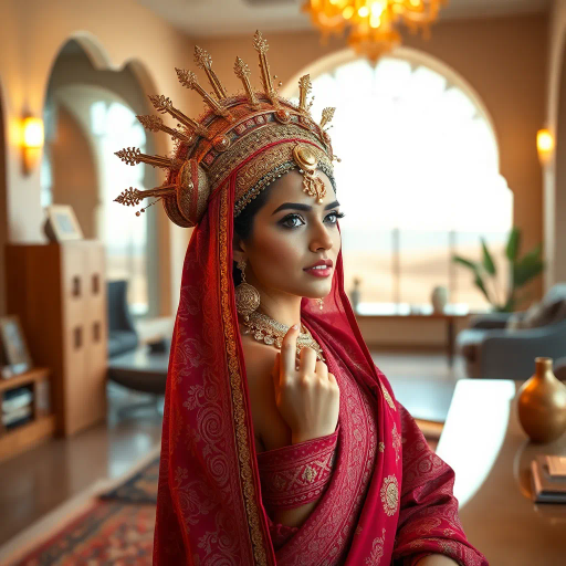 elegant Arab woman, intricate headdress, traditional attire, vibrant textiles, modern workspace, elegant grace, warm lighting, Middle Eastern architecture, rich color palette, cultural symbolism, dynamic pose, serene expression, aromatic spices, calligraphic patterns, desert horizon, gentle textures, delicate ornamentation, art deco influences, timeless beauty, sense of empowerment, sophisticated charm