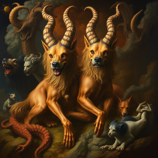 mythical creature, dual-headed dog, surrealism, dynamic symmetry, Henri Rousseau, dreamlike, ethereal lighting, twilight hues, rich textures, fur detail, Chimeric influence, mystical aura, vibrant contrast, Baroque drama, expressive eyes, fantastical realism, intricate anatomy, atmospheric depth, mysterious forest, narrative illustration, mythological symbolism, layered composition