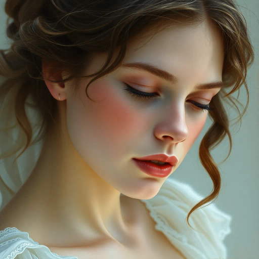 ethereal beauty, serene expression, inspired by John Singer Sargent, soft brushstrokes, baroque lighting, renaissance elegance, pastel palette, intricate details, flowing textures, feminine grace, contemplative mood, portrait composition, subtle highlights, gentle shadows, classical influence, luminous complexion, emotional depth, harmonious balance, intimate perspective, timeless charm