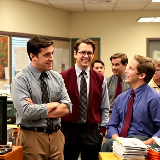 satirical, workplace comedy, 2000s television, vibrant characters, humorous interactions, Michael Scott, Jim Halpert, Dwight Schrute, sardonic wit, office dynamics, banter, mundane setting, Scranton, paper company, unconventional storytelling, ensemble cast, mockumentary style, Steve Carell, quirky relationships, deadpan humor, varied personalities, narrative arcs, expressive body language, exaggerated emotions, bright lighting, cheerful ambiance, subtle social commentary, scenographic composition