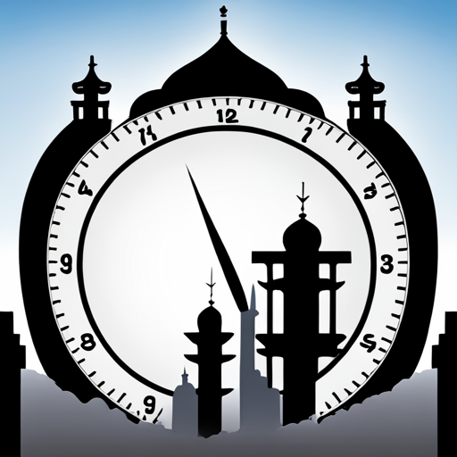 symbolic masjid, rounded border, border shadow, clock, 04:10 time, caption, 7 minutes walking distance, location