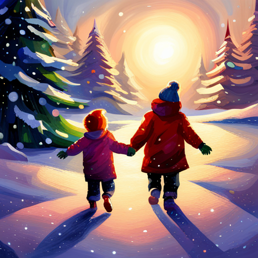 winter, children, Christmas tree, painting, traditional, snow, happiness, family, warmth, nostalgia, innocence, holiday, festive, cozy, realistic, muted colors, detailed, soft lighting, portrait, impressionistic, classic, festive atmosphere, traditional holiday scene, snow-covered landscape, heartwarming, winter wonderland