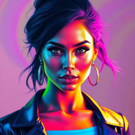 influential female figure, vibrant colors, modern digital technique, dynamic composition, social media aesthetic, bold contrast, contemporary fashion, expressive lighting, pop culture elements, sleek lines, innovative technology, captivating gaze, charismatic presence, empowerment theme, digital canvas, vivid storytelling, inspired by Andy Warhol, futuristic influences, cultural zeitgeist, artistic empowerment