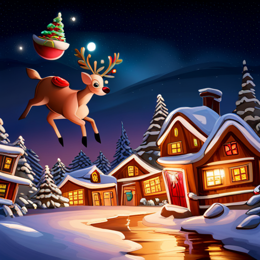 reindeer, santa, delivering presents, magical, whimsical, Christmas, holiday, winter, nighttime, glowing, aurora borealis, snow-covered landscape, sleigh, chimney, starry sky, enchanted, mythical creatures, flying, joyful, gift-giving, festive