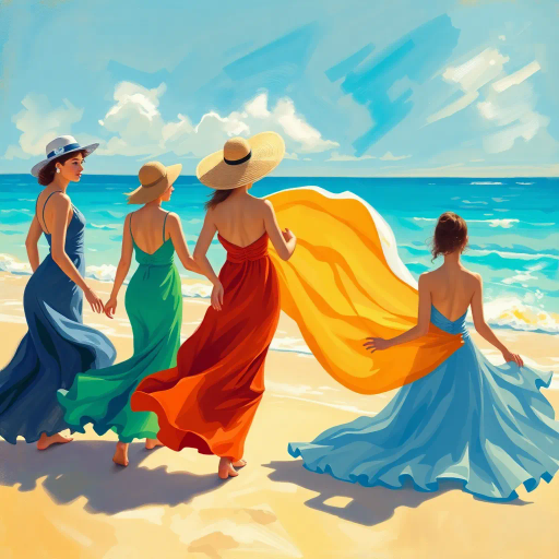 elegant figures, beach scene, vibrant sunlight, azure waters, flowing fabric, Henri Matisse, impressionism, contemporary allure, warm hues, dynamic composition, summer breeze, leisurely grace, chromatic harmony, tranquil ambiance, fluid lines, art deco influences, intimate scale, ethereal light, cultural richness, playful interaction, Mediterranean essence, soft brush strokes