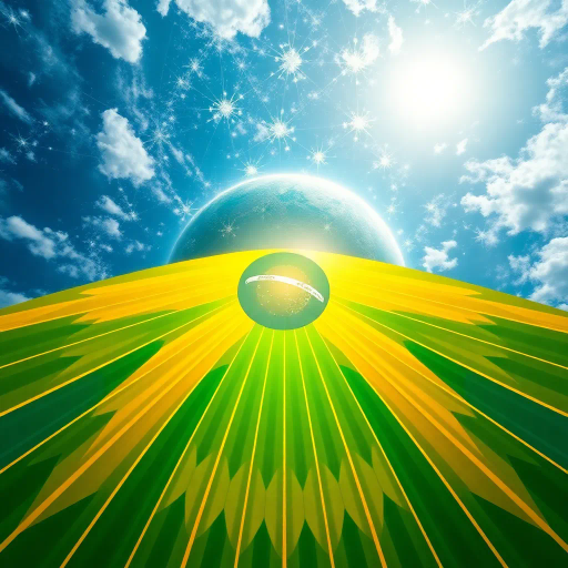 vivid colors, national symbol, Brazil, celestial sphere, infinite sky, tropical vibrancy, geometric symmetry, modernist influence, bold lines, emerald green, golden yellow, azure blue, luminescent glow, cultural pride, dynamic composition, contemporary elements, rhythmic energy, abstract representation, South American essence, harmonious balance, global unity, festive spirit, optical illusion, expansive space, contrasting tones
