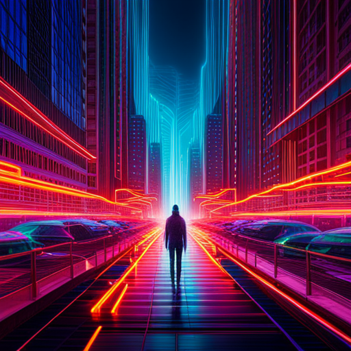 Futuristic cyberpunk meets artificial intelligence in a neon maximalist world with complex generative art patterns. Glitch art and machine learning interweave with wires and circuits to create an abstract expressionism inspired digital landscape.