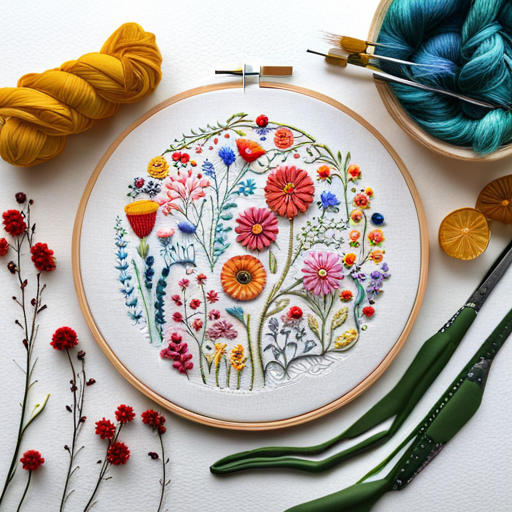 wildflower meadow, embroidery pattern, intricate details, vibrant colors, floral arrangement, stitching technique, botanical artwork, textured background, organic shapes, delicate petals, creative composition, handcrafted beauty