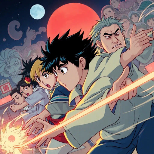 dynamic characters, intricate costumes, vibrant energy, vivid emotion, bold lines, expressive eyes, dramatic angles, energy bursts, vibrant colors, stylized action, cultural references, fantastical elements, modern storytelling, fluid motion, intense drama, character evolution, narrative depth, vibrant landscapes, animated world, stylistic exaggeration, Manga influences, deep shadows, contrasting tones, dynamic composition