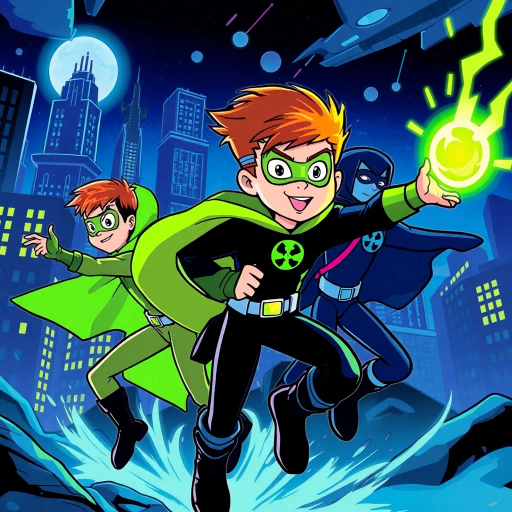 heroic trio, dynamic action, vivid colors, high contrast, futuristic cityscape, midnight blues, vibrant greens, animated style, dramatic shadows, fast-paced, heroic journey, children's heroes, comic strip influence, rescue mission, environmental protection, teamwork, bold outlines, stylized, storytelling, graphic novel technique, adventure narrative, heroic lighting, superhero themes, youthful spirit, comic panel composition