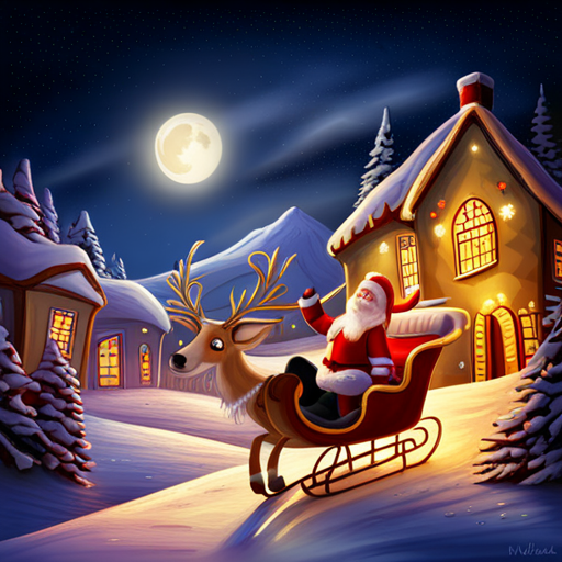 magical reindeer, Santa Claus, delivering presents, winter wonderland, festive atmosphere, glowing lights, snowy landscape, children's delight, sleigh ride, enchanted forest, stars in the sky, twinkling snowflakes, chimney descents, dreamy atmosphere