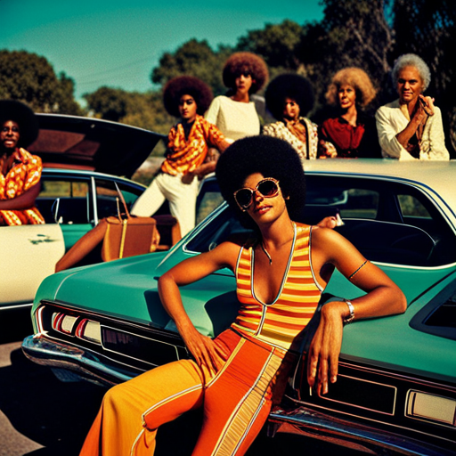 Vintage colors, film grain, retro clothing, disco music, groovy patterns, soft focus, fading light, bokeh, bellbottoms, platform shoes, leisure suits, cassette tapes, record players, funk music, disco balls, roller skates, mood lighting, psychedelic art, peace signs, love beads, flower power, afros, feathered hair