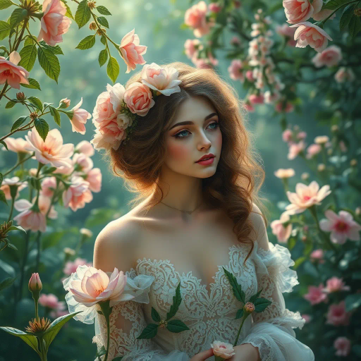 ethereal beauty, timeless allure, verdant gardens, Pre-Raphaelite, luminescent glow, dreamlike ambiance, detailed flora, delicate features, vibrant hues, enchanting elegance, mythical essence, soft brushstrokes, serene expression, feminine grace, art nouveau influence, nature's embrace, twilight serenity, whimsical atmosphere, intricate lace, opulent settings