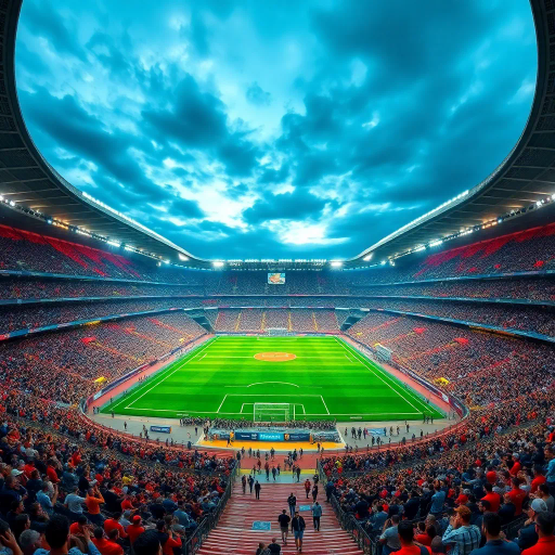majestic, football stadium, panoramic view, vibrant energy, modern architecture, vast crowd, immersive atmosphere, dynamic lighting, vivid colors, iconic sports venue, dramatic sky, high-detailed textures, lively movement, cultural spectacle, wide-angle perspective, epic scale, contemporary design, exhilarating moment, sporting tradition, architectural grandeur