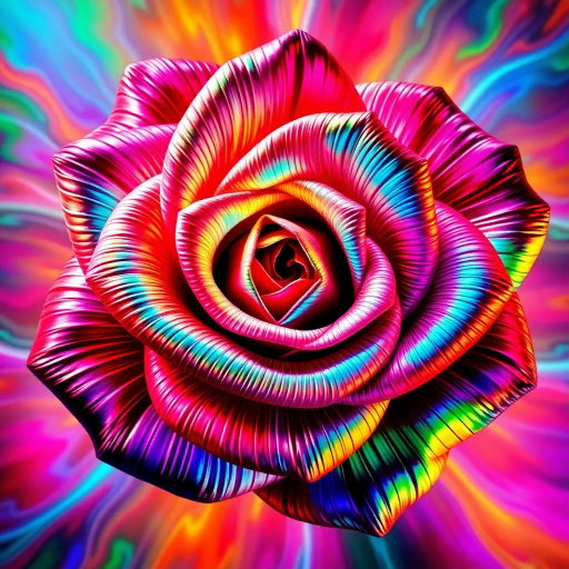 kaleidoscopic rose, vivid colors, surrealism, Salvador Dali influence, dreamlike atmosphere, vibrant hues, iridescent petals, intricate design, abstract fractals, contemporary art, expanded color spectrum, ethereal glow, luminous contrast, chromatic extravaganza, dynamic composition, fluid movements, spiritual symbolism, transcending reality, maximalist approach, radiant aura