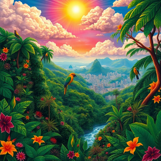 vivid rainforests, carnival atmosphere, vibrant colors, intricate details, lush foliage, rich cultural heritage, magical realism, Brazilian landscape, surreal clouds, tropical wildlife, Henri Rousseau influence, rhythmic movement, radiant sunlight, festive mood, intricate patterns, exotic birds, mythical elements, celebratory spirit, tropical flora, samba rhythm, enchanting scenery, sprawling cityscapes, Rio Carnival celebration, modernist architecture, Tarsila do Amaral, Samba rhythm, cultural fusion, vibrant street art, Copacabana beach, panoramic views, rich biodiversity, Botero-inspired figures, expressive brushstrokes, joyous atmosphere, Jorge Selarón, Carmen Miranda, exuberant colors, dynamic samba dancers, indigenous art, celebratory mood, Afro-Brazilian heritage, vibrant street scenes, bold compositions, fluid movement, warmth and energy, sunlit landscapes, urban diversity, festive atmosphere, contemporary influences, chromatic brilliance