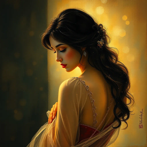 Renaissance, chiaroscuro, warm tones, oil painting texture, middle age, wisdom, contemplative atmosphere, Rembrandt influence, baroque, detailed features, soft brushstrokes, introspective mood, cultural depth, classical beauty, serene expression, timeless gaze, rich patina, flowing drapery, realistic depiction, layered composition, age-old elegance