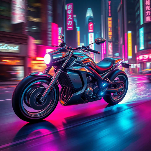futuristic motorcycle, sleek design, dynamic movement, vibrant neon lighting, retro-futurism aesthetics, Ralph McQuarrie, cyberpunk cityscape, speed and energy, chrome finishes, intricate mechanical details, kinetic composition, bold contrasts, urban night setting, digital rendering techniques, motion blur, concept art, streamlined form, synthetic materials, high contrast shadows, immersive environment, Akira inspiration, Blade Runner ambiance, luminous reflections, electric hues, cutting-edge technology, dusk ambiance, cinematic angles, futuristic metropolis, pulsating vibrancy